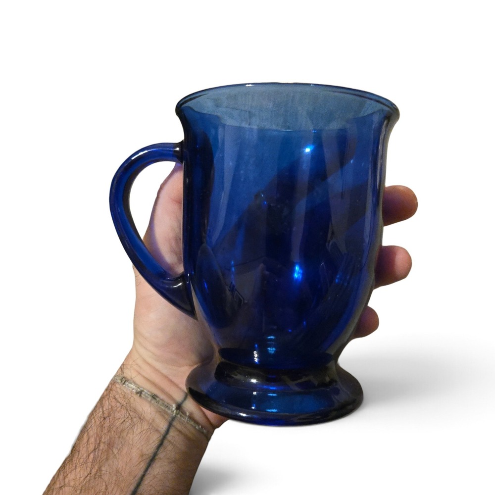 VTG Anchor Hocking Cobalt Blue Glass Mug Large EUC Blue Pedestal Coffee Cup USA